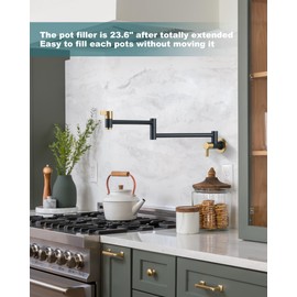ARCORA Modern Pot Filler Faucet Wall Mount - Black and Gold, Folding 2 Handle With Double Joint Swing Arms, Brass Stove