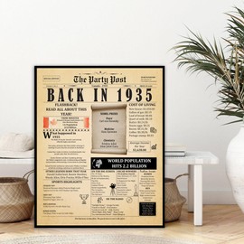 90th Birthday Party Decorations Poster - 90 Years Ago Anniversary Sign 11x14 In. Vintage Home Decor Supplies for Her or Him. Back In 1935 Historical Banner for Women or Men Turning 90 Years Old