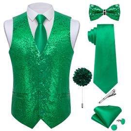 DiBanGu Mens Sequins Vest and Tie Set Solid V-Neck Shiny Dress Waistcoat Bowtie with pocket square for Prom Party Tuxedo, Green, Large