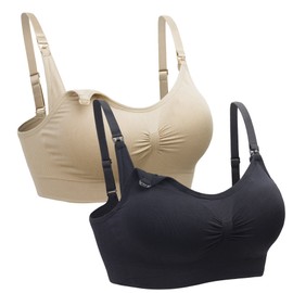 2PACK Nursing Bra Wireless bra Women's Sleeping Maternity Bra Breastfeeding Bra,Black+beige 2pcs/Pack,Large