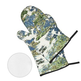 Chinoiserie Blue Trees House Bridge Oven Mitts and Pot Holders Sets of 4, Heat-Resistant Hot Pads Non-Slip BBQ Gloves for Kitchen Baking Cooking Grilling