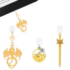 TAKEALOOKO Dust Plug Charms for Kindle - 3Pcs Gold Dragon Sword Pendants, Type-C USB Charging Port Covers for Phone & Tablet, Bookish Fantasy E-Reader Gifts for Women Readers