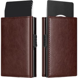 Tarjetero de Cuero,Carteras para Caballero,Porta Tarjetas Metal Protección RFID,Tarjetero Antirrobo con Múltiples Ranuras para Tarjetas,para Tarjetas, DNI y Efectivo (Marrón)