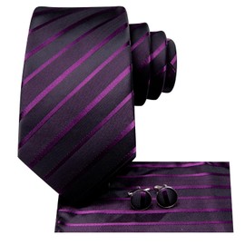 Hi-Tie Silk Ties for Men Plaid Paisley Striped Necktie Pocket Square Cufflinks Set Formal Business,Purple Stripe