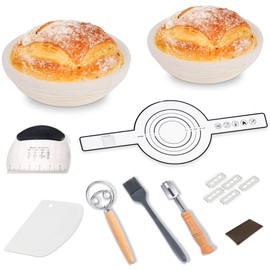 Bread Proofing Basket Kit, 9 In Round Sourdough Proofing Basket with Linen Liner, Silicone Bread Sling, Bread Lame, Danish Dough Whisk, Dough Scraper Kit, Silicone Brush & Bowl Scraper