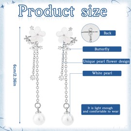 Silver Pearl Flower Dangle Earrings, Dainty Long Chain Dangle Pearl Drop Earrings for Women Shining Flower Wedding Jewelry Accessories for Brides Bridesmaids