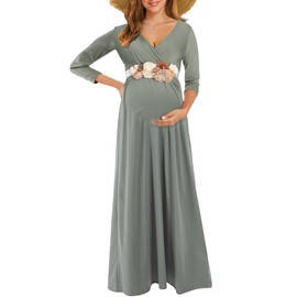 KIM S KIM S Maternity Dress Photoshoot Shoot Baby Shower Maxi Boho Fall Winter Christmas Pregnancy Clothes for Mommy to Be Cotton (Grey Green L)