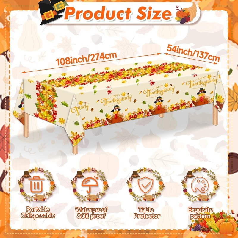 Jhfinely 3 Pcs Happy Thanksgiving Tablecloth - Turkey Fall Plastic