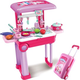Kitchen Toys Playset for Kids, 3 in 1 Pretend Play Cooking Set Travel Suitcase with Accessories, Sounds and Lights, Toy Sink with Running Water, Stove, Utensils, Play Food