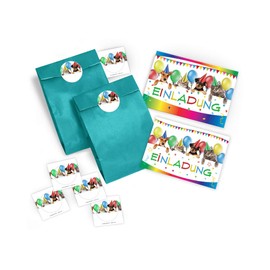 Pack of 12 Invitation Cards, Envelopes, Bags, Stickers for Children's Birthday Party Invitations for Girls and Boys "Funny Cats and Dogs" (12 Cards + 12 Cards + 12 Party Bags + 12 Stickers)