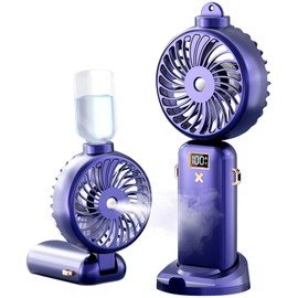 Portable Handheld Misting Fan,Rechargeable Travel Mister Fan, 3000mAh Battery Operated Personal Fan with Mist, 5 Speeds,LED Display,90°Foldable Cooling Fan for Camping Outdoor, Home, Office Purple