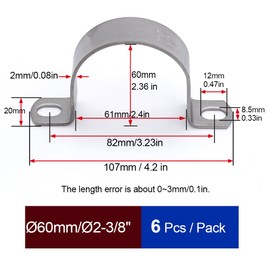 MgcTolBox Pack of 6 heavy U-pipe clamps, diameter 60 mm, stainless steel pipe clamp, hose buckle, pipe holder, various sizes