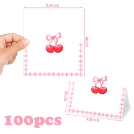 Whaline 100Pcs Bow Cherry Place Card 3.5 x 2 Inch Pink Plaid Coquette Blank Tented Card Cute Seating Name Card for Bachelorette Party Table Setting Supplies