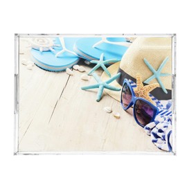 Kjovgcb Bathroom Sink Vanity Tray with Handles, Acrylic Tray Holder Jewelry Organizer Decor Countertop Storage for Makeup Coffee Print Straw Hat Flip Flops Starfishes Sunglasses On Wood