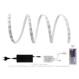 LED Universum 5 Metre Comfort LED Strip Set RGB with Power Supply, Controller & 44-Button Infrared Remote Control, 30 LED/m, IP65, 12 V, 5050 SMD, 7.2 W/m, for Living Room, Bedroom, Balcony, Patio