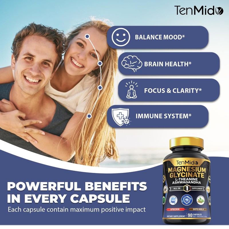Tenmido Magnesium Glycinate Supplement - 6in1 with Ashwagandha, L-Theanine, Apigenin,