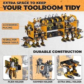 WIWIDRM Upgrade Large Power Tool Organizer Wall Mount with Charging Station Tool Storage Rack with 6.5FT Power Strip 10 Drill Holder and Storage Rack for Garage Organization