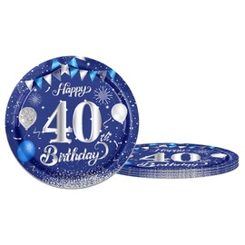 40th Birthday Paper Plates, Pack of 16 Paper Plates for 40th Birthday, 23 cm, Blue, Silver, Happy 40th Birthday, Disposable Plates, Paper Plates, 9 Inch for Party Decoration, 40th Birthday, Men,