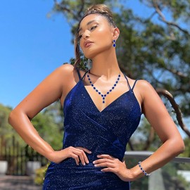 BriLove Women's Wedding Bridal Teardrop CZ Infinity Figure 8 Y-Necklace Tennis Bracelet Dangle Earrings Set Sapphire Color Silver-Tone