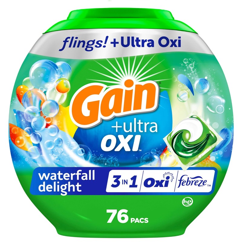 Gain Flings Ultra Oxi Laundry Detergent Pacs, 76 Count, Waterfall