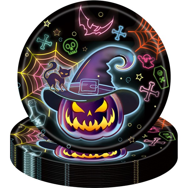 MOMAHUA Pack of 16 Neon Glow Halloween Paper Plates, Tableware