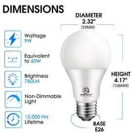 Energetic Light Bulbs 60 Watt Equivalent, A19 Warm White LED Light Bulbs, 15000 Hrs E26 Base, 9W 760LM 3000K Light Bulbs, UL Listed, Non-Dimmable, 24-Pack