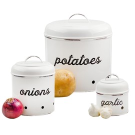 AuldHome Design Potatoes, Onions and Garlic Canister Set; Rustic White Enamelware Vegetable Storage Containers