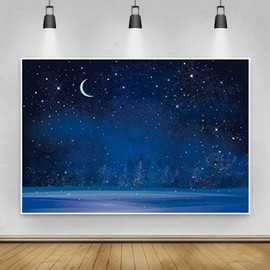 Renaiss 5x3ft Starry Night Backdrop Sky Moon Snowfall Photography Backdrops Blurry Forest Night Fir Trees Pine Background Merry Christmas Happy New Year Party Decoration Studio Props