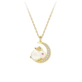 Gold Plated Rabbit Moon Pendant Necklace for Women Girls Cubic Zirconia Artificial Jade Bunny Animal Adjustable Choker Chain Necklaces Delicate Cute Easter Birthday Holiday Jewelry Gift 18 inch (with Crescent)