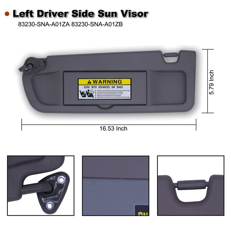 NHILES Atlas Gray Left Side Sun Visor Compatible with Honda