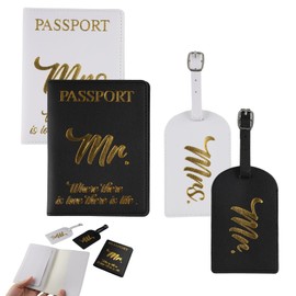 OQXEJPHFN 4 Pcs Mr and Mrs Pu Leather Passport Covers Luggage Tags Set, Trip Travel Gift for Bridal Wedding Honeymoon Couples