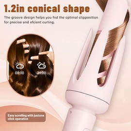 Auto Hair Curler, Curling Wand for Long Hair, Automatic Curling Iron with 3 Temperature, Automatic Shut-Off, Anti-Scald, Anti-Tangle Rotating Curling Wand for Hair Styling, Pink