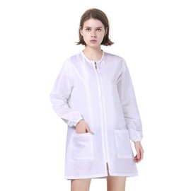 TopTie Satin Long Sleeve Salon Smock, Unisex Hair Stylist Barber Cape, Jacket, Pet Grooming Work Clothes-White-L