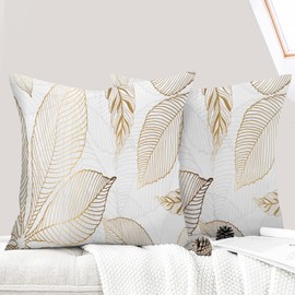 ECZOIL Set of 2 Cushion Covers for 50 x 50 cm, Colourful Plants Flowers Pattern Pillowcase with Zip for Living Room Sofa Bedroom - Gold Leaf