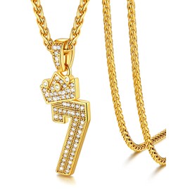 CZ Number 7 Necklace Gold Chain Baseball Football Necklace for Men,14K Gold Crown Number Seven Necklace Baseball Accessories Gifts