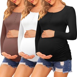 Ekouaer Women 3 Pack Maternity Shirts Long Sleeve Pregnancy Tops Button Down Postpartum Tees Scoop Neck Pregnant T Shirts Black + White + Brown M