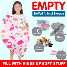 Lukeight Stuffed Animal Storage Bean Bag Chair Cover for Kids, Dinosaur Zipper Beanbag Chair Cover for Organizing Toddler and Kids' Rooms Plush Toys (Dinosaur Blush, Large)