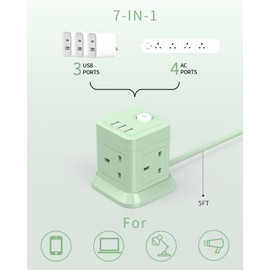 Cube Extension Lead with USB Slots, BEVA 4 Way Multi Plug Power Strip with 3 USB Ports (5V/2.4A), Desktop Power Extension Socket with 1.5M Extension Cords for Home Dorm Office Travel-Green