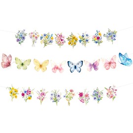 3PCS Wildflower Party Banner, Pre-Strung Wildflower Butterfly Party Banner Garland Decorations for Spring Birthday Baby Shower Bridal Shower Garden Party Supplies