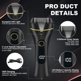 vsshe Hornhautentferner Elektrisch, 3 Rollenköpfe, 2-Gang-Laden, LED-Anzeige, IPX7 wasserdicht, 17 in 1 Hornhaut Entfernen Fuß Elektrisch für Rissige Fersen, Abgestorbener, Hornhaut entfernen（Schwarz）