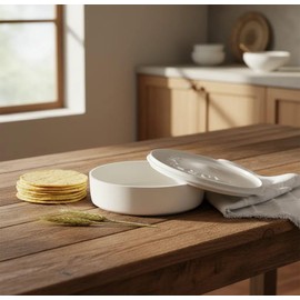 Set 1 tortilleros de Plastico con tapa mas 1 servilletas de tela (Blanco/Oro). Calentador de omelette para microondas. Para tortillas, panes, panes, panqueques, pan de pita, panes de maíz, pan arabe