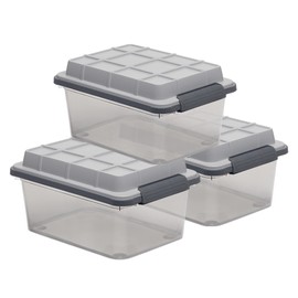 Curver Set of 3 Small Latch PRO 17QT Heavy Duty, Water Resistant Plastic Organization and Storage Box with Extra Capacity Latching Lid, Transparent Grey