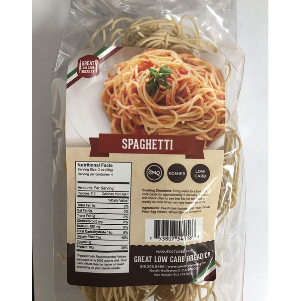 Low Carb Pasta, Keto Pasta, Great Low Carb Bread Company, Non GMO, Spaghetti Pasta 8 oz.