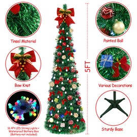 FHOZGECY Pop Up Christmas Tree, 5FT Collapsible Christmas Tree with 30 LED Multicolor Lights, Tinsel Pencil Tree with Ball Bowknot Gift Box for Indoor, Party, Xmas, Home,Office Decor