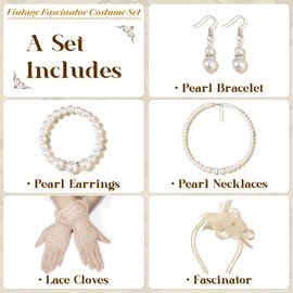 SOMEITIA Fascinators Hats for Women Tea Party Feather Headband Headwear Fascinator 1920s Lace Gloves Pearl Necklace Earring Jewelry Set for Wedding Funeral Beige