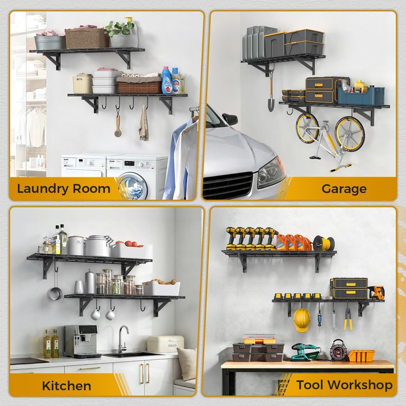 Jusgym 2 Pack Garage Wall Shelving with 4 Hooks, 1x4ft,