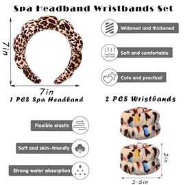 Spa Headbands for Washing Face Wristband Set Sponge Makeup Skincare Headband Wrist Towels Bubble Soft Terry Towel Cloth Hairband for Women Puffy Headwear Non Slip Thick Thin Hair Headwear (Leopard)