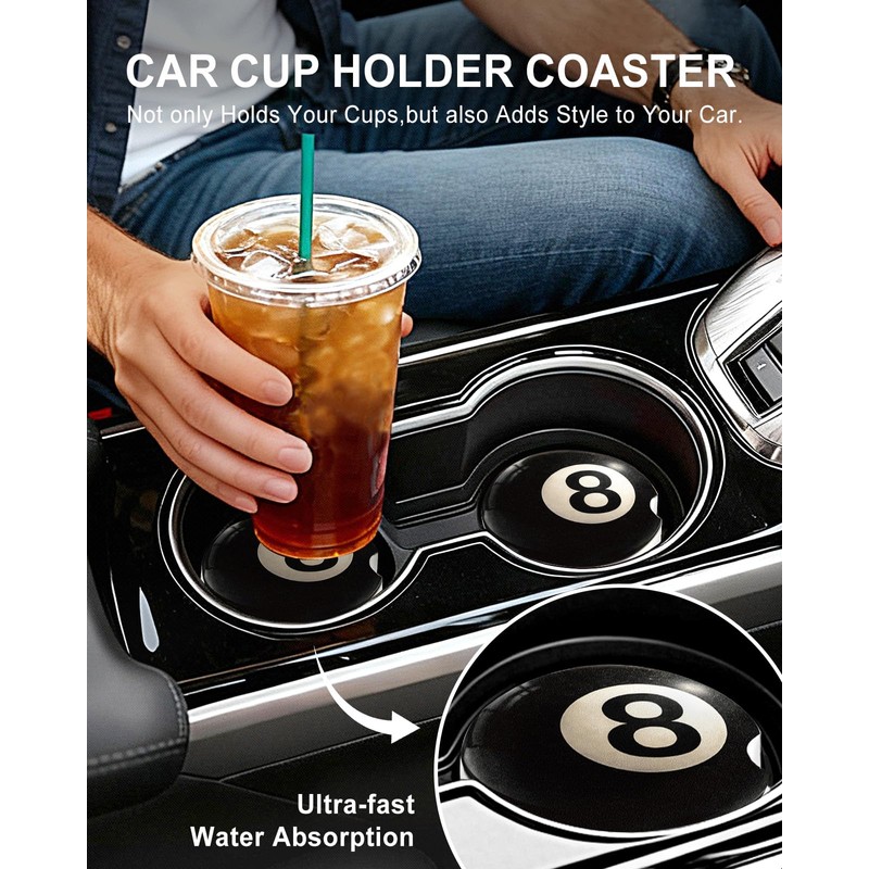 Swooflia Car Coasters for Men - Billiard 8-Ball Ceramic Car