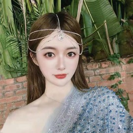 Caiguoer Crystal Bridal Head Chain Silver Layered Bride Headpiece Tassel Rhinestone Headband Hair Piece Festival Wedding Hair Accessories for Women (Gold)