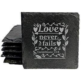Faith and Hope: Laser Etched Enduring Love: Corinthians 13:8 Coasters with Flowers - Square Slate - set of 4